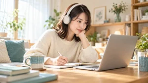 自宅でパソコンを使いオンライン学習に取り組む女性のイメージ