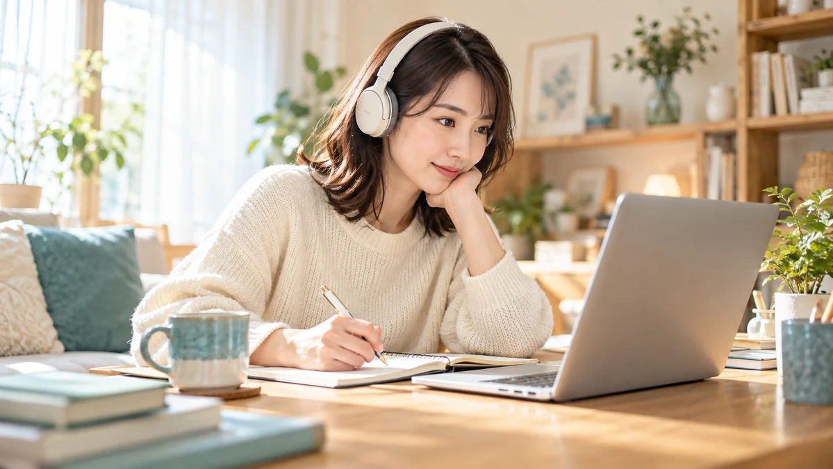 自宅でパソコンを使いオンライン学習に取り組む女性のイメージ